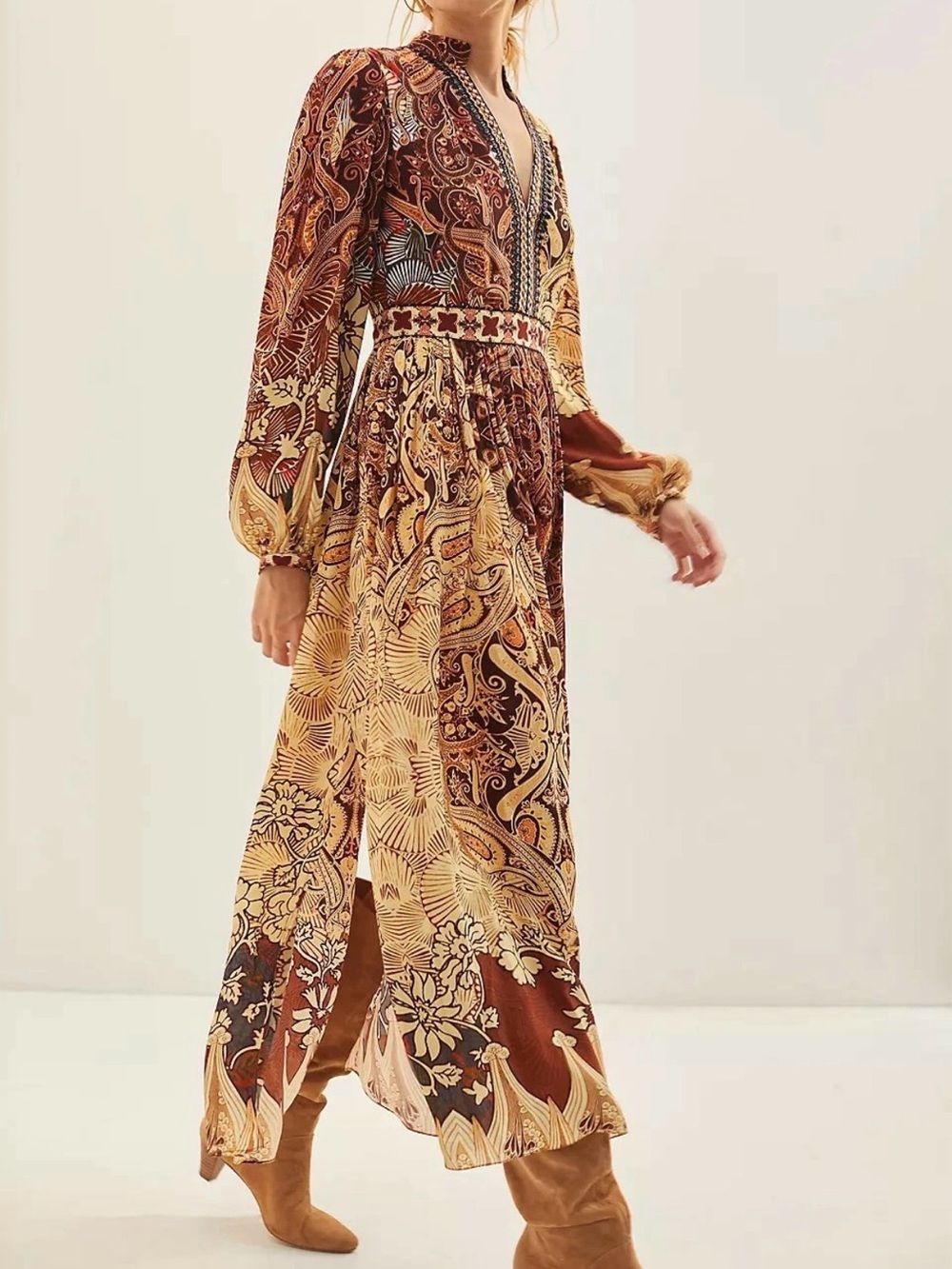 Bhanuni By Jyoti Ronika Paisley Maxi Dress Boho Brown Gold Long Sleeve Sz S